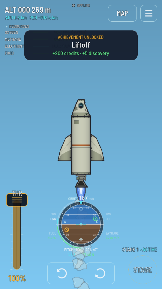 Liftoff: the rocket climbing past 269 metres with the navball and throttle on screen